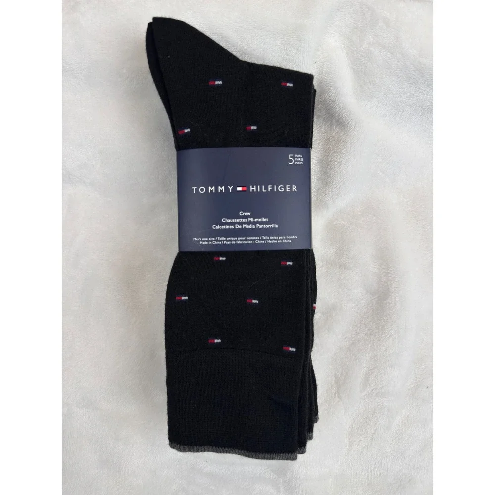 Tommy Hilfiger Mens Crew Socks 5 Pair Pack Black Flag Logo TH Monogram New